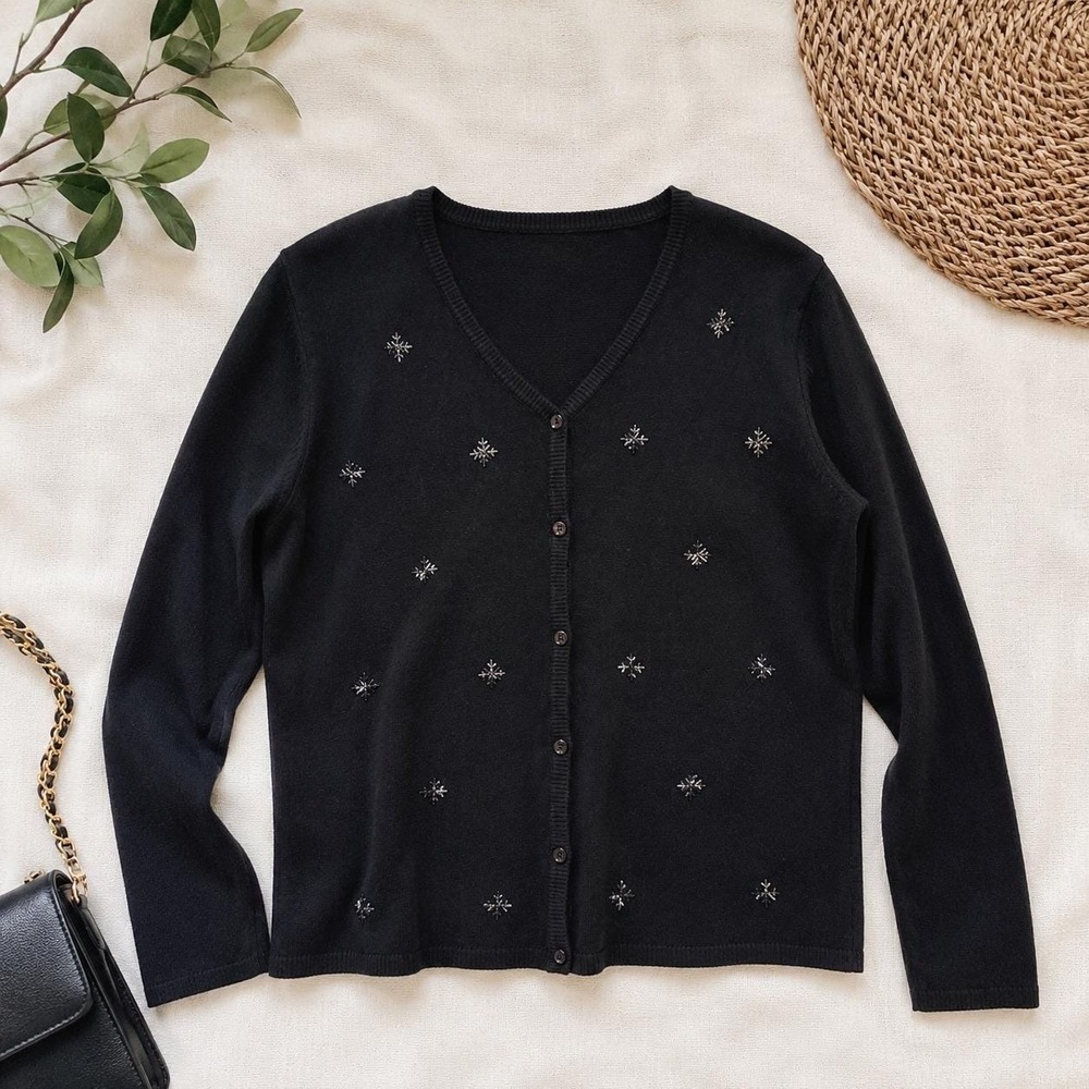 Sag Harbor Cardigan Sweater Medium Black Beaded Snowflake Holiday Hong Kong